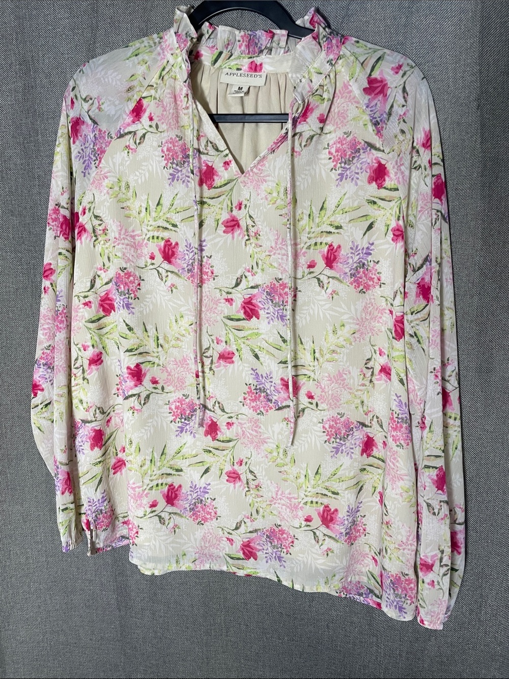 Appleseeds Floral Ruffle Blouse Cream Pink Purple Cottagecore Grandmacore Shabby